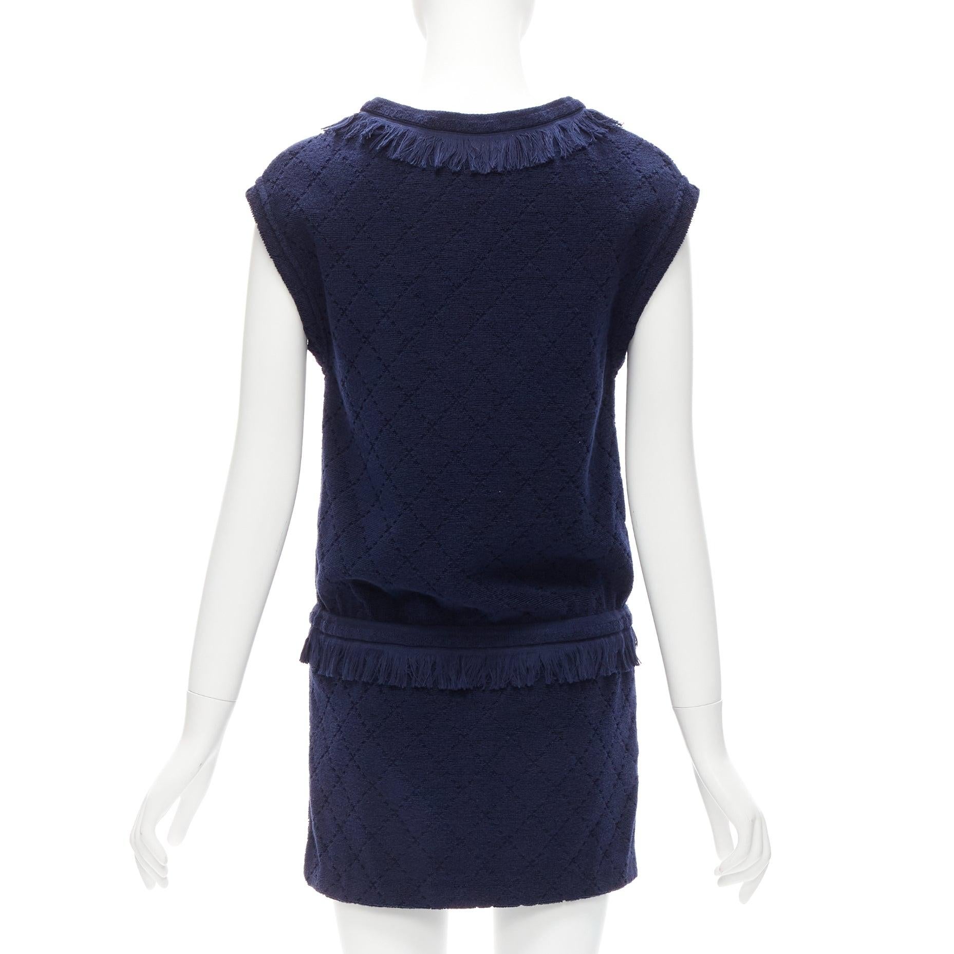 CHANEL navy CC logo diamond quilted terry cotton fringe trim mini dress FR34 XS In Good Condition In Hong Kong, NT