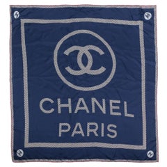 Chanel Navy CC Logo Pink Trim Silk Scarf