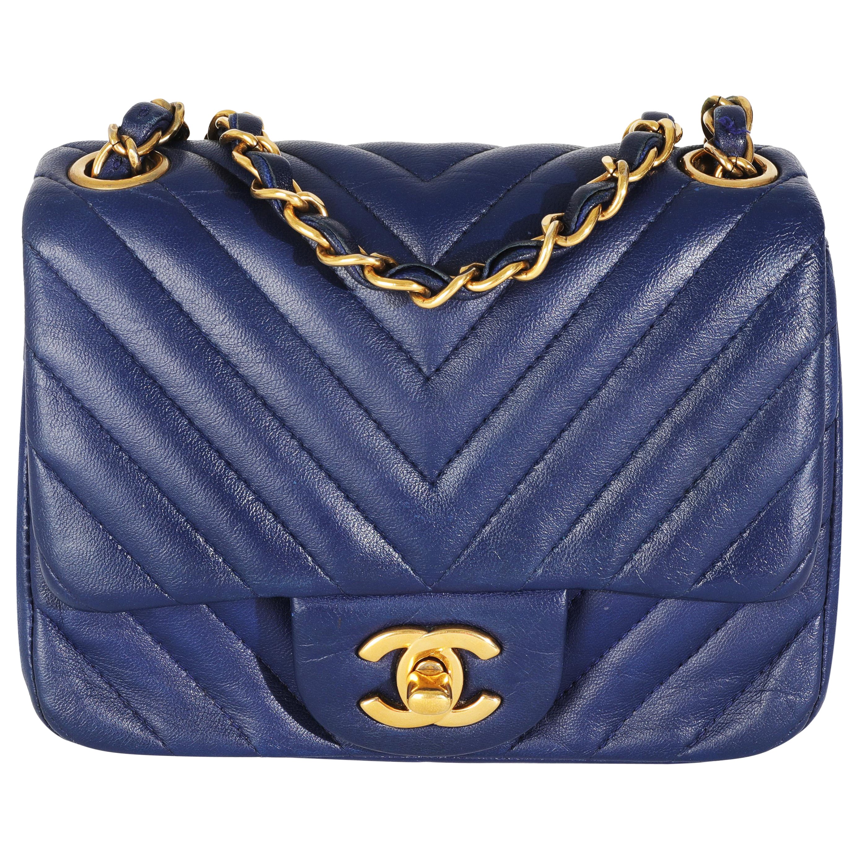 Chanel Navy Chevron Lambskin Mini Square Flap Bag