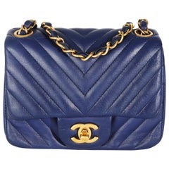 Chanel Navy Chevron Lambskin Mini Square Flap Bag