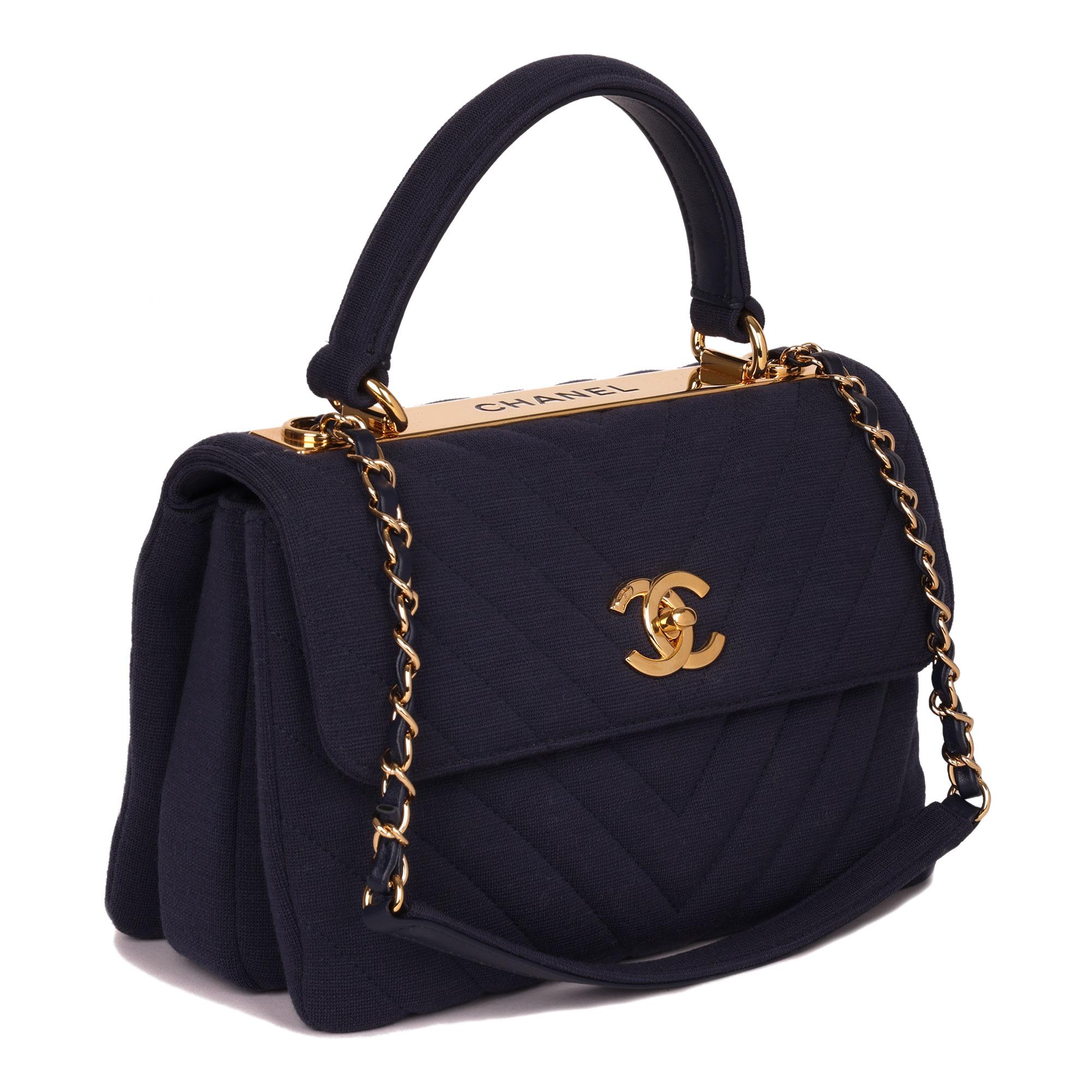 Women's Chanel Navy Chevron Quilted Jersey Fabric Small Trendy CC Top Handle Flap Bag