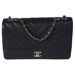 Chanel Navy Chevron Quilted Leather Single Flap Bag