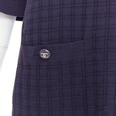 CHANEL navy cotton grid knit gold CC button 2 pocket mini dress FR36 S