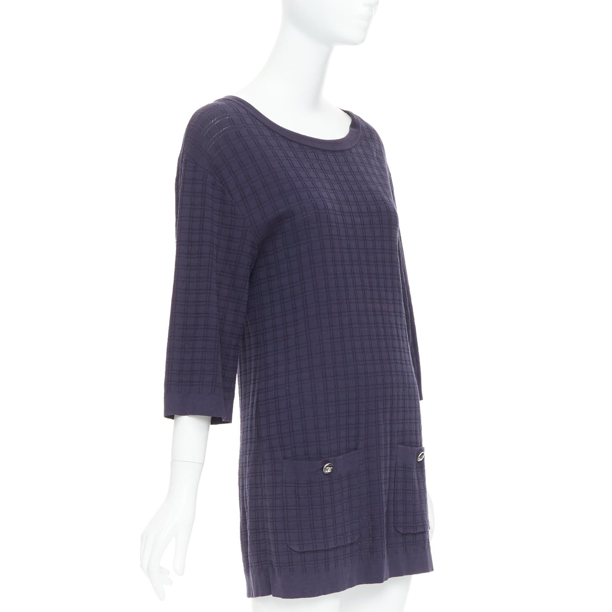 Black CHANEL navy cotton grid knit gold CC button 2 pocket mini dress FR36 S For Sale