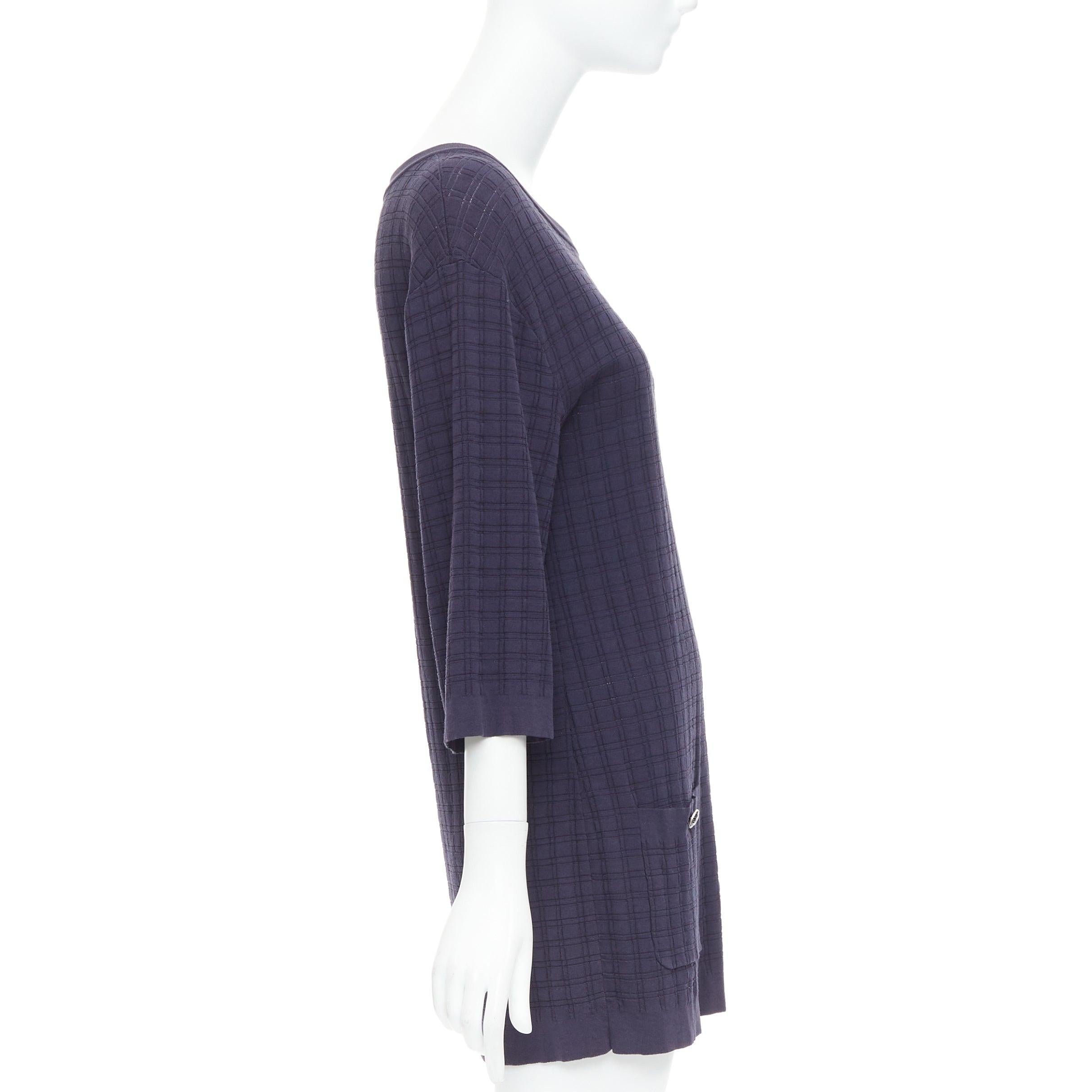 CHANEL navy cotton grid knit gold CC button 2 pocket mini dress FR36 S In Good Condition For Sale In Hong Kong, NT