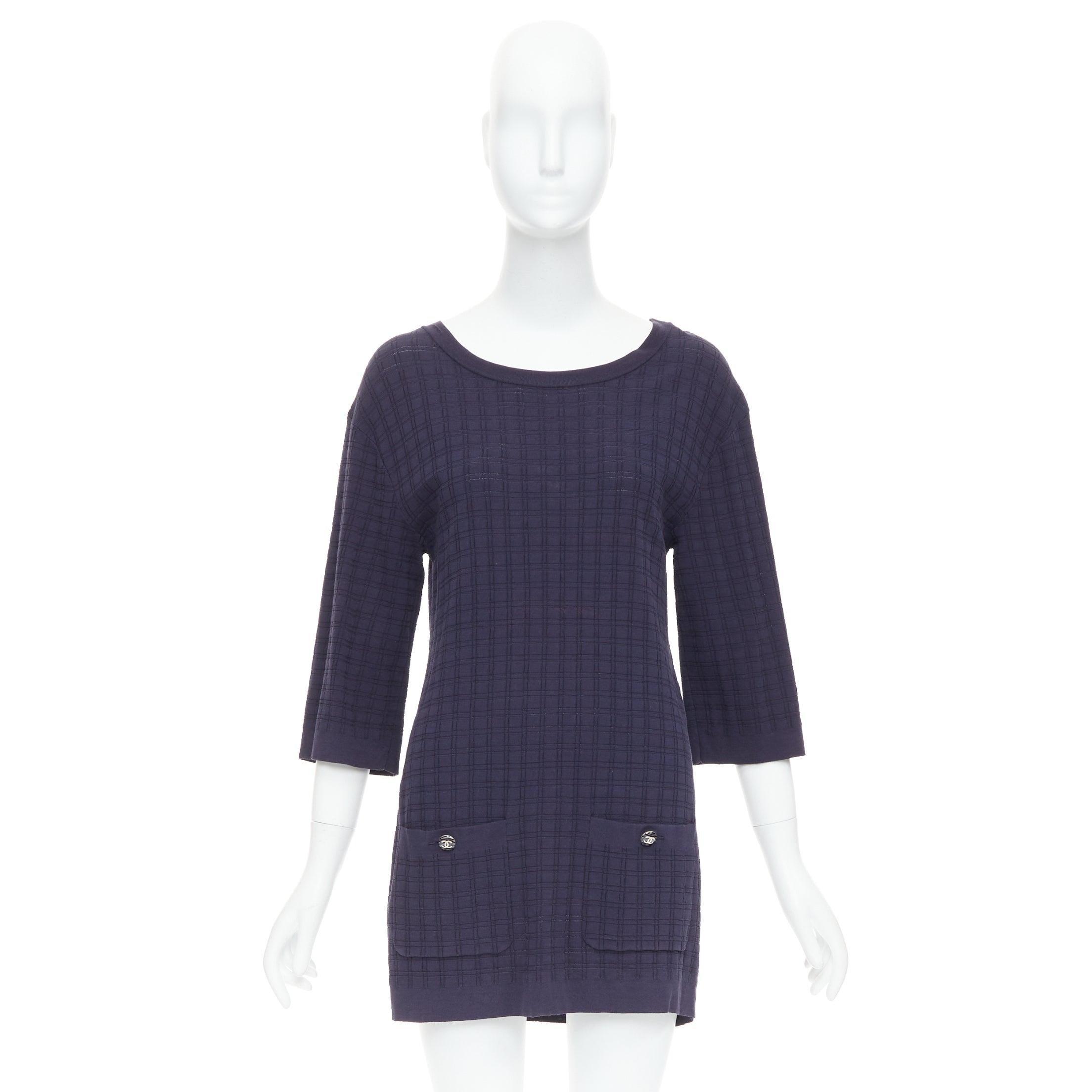 CHANEL navy cotton grid knit gold CC button 2 pocket mini dress FR36 S For Sale 4
