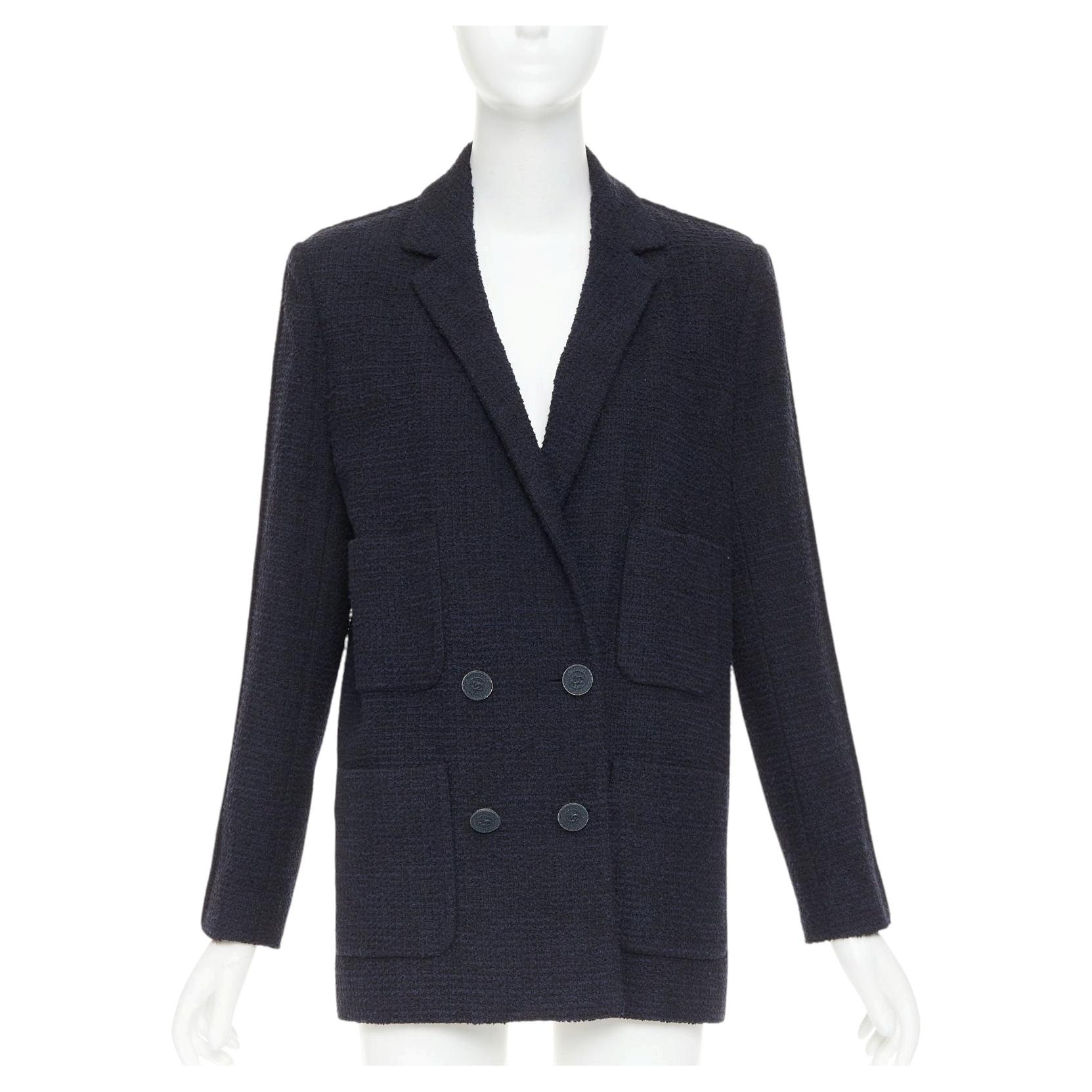 CHANEL navy cotton tweed boucle four pocket double breasted jacket FR40 M