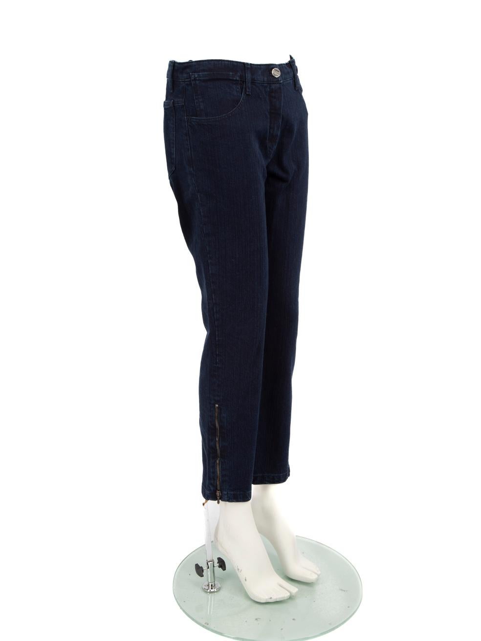 CONDITION is Very good. Hardly any visible wear to jeans is evident on this used Chanel designer resale item.
 
 
 
 Details
 
 
 Navy
 
 Denim
 
 Jeans
 
 Mid rise
 
 Straight fit
 
 Logo button detail
 
 4x Front pockets
 
 2x Back pockets
 
