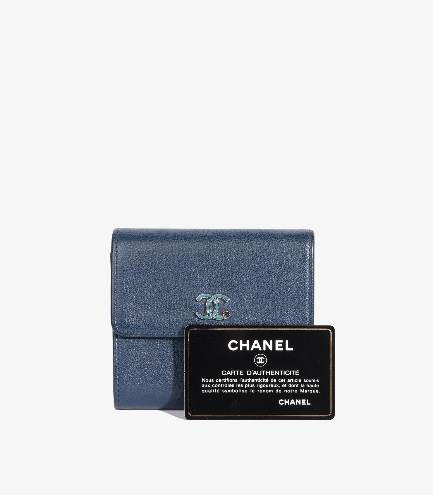 Chanel Navy Goatskin Leather Clover Compact Wallet For Sale 1