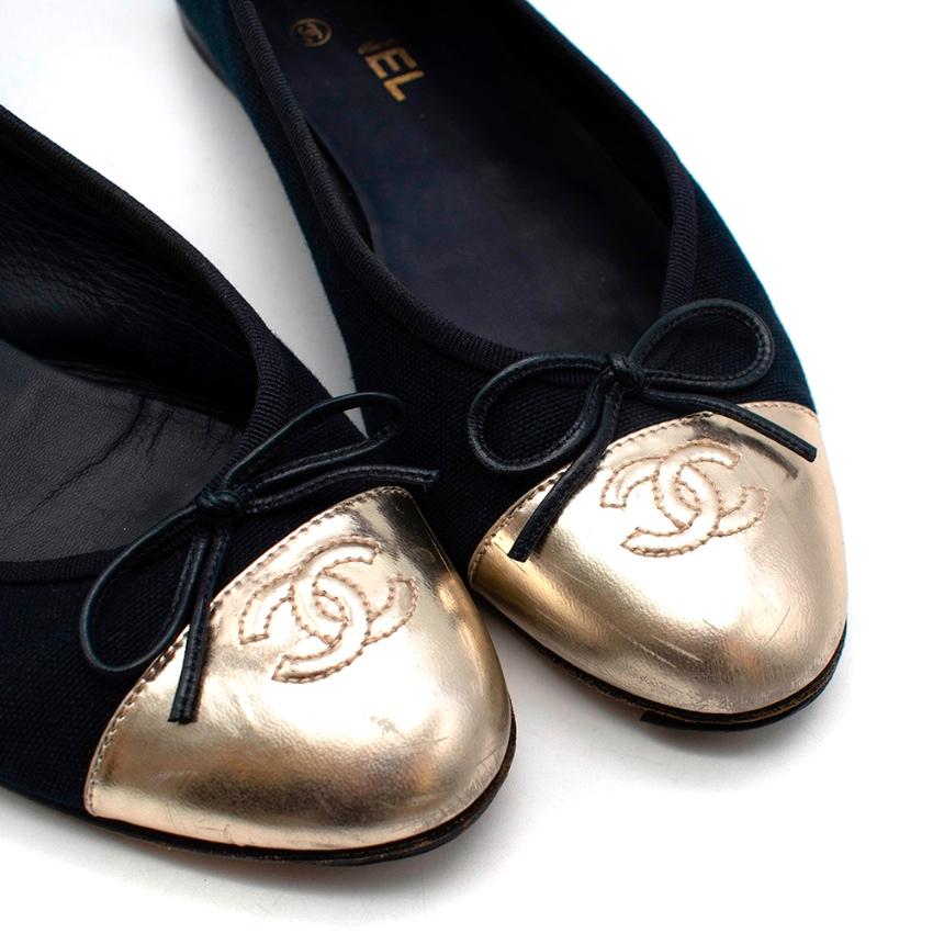 Black Chanel Navy & Gold Canvas & Leather CC Ballerina Flats - Size EU 40C