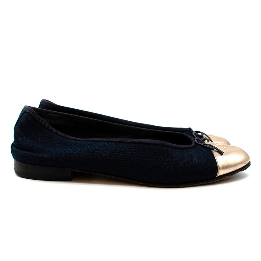 Chanel Navy & Gold Canvas & Leather CC Ballerina Flats - Size EU 40C 2