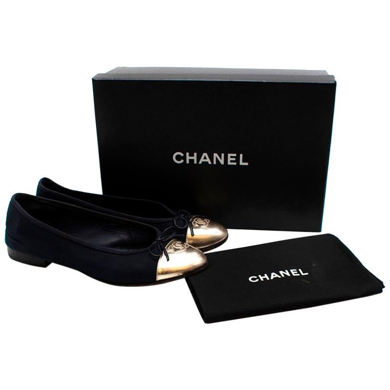 Chanel Navy and Gold Canvas and Leather CC Ballerina Flats - Size