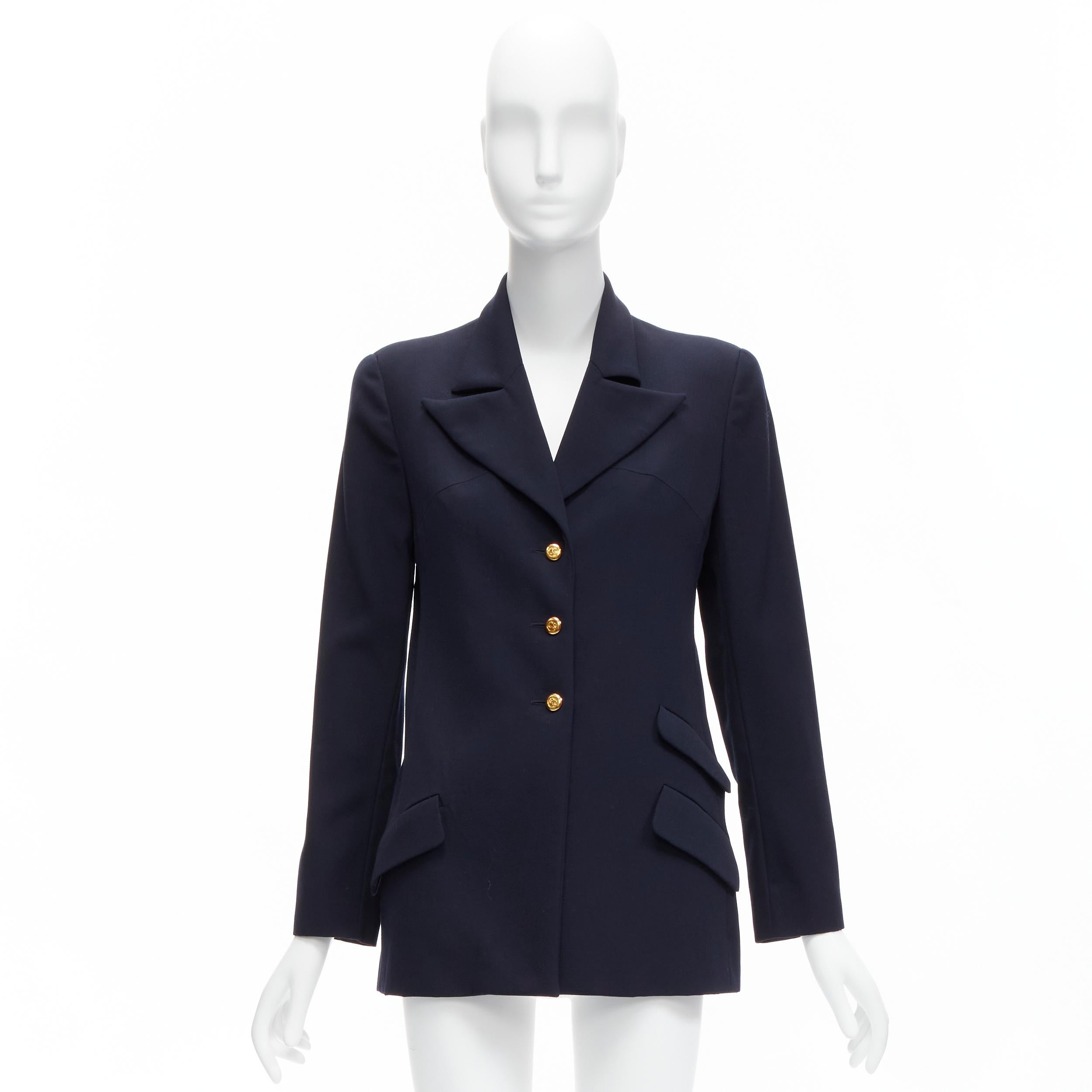 CHANEL navy gold CC buttons flap pockets military blazer jacket FR38 M For Sale 6