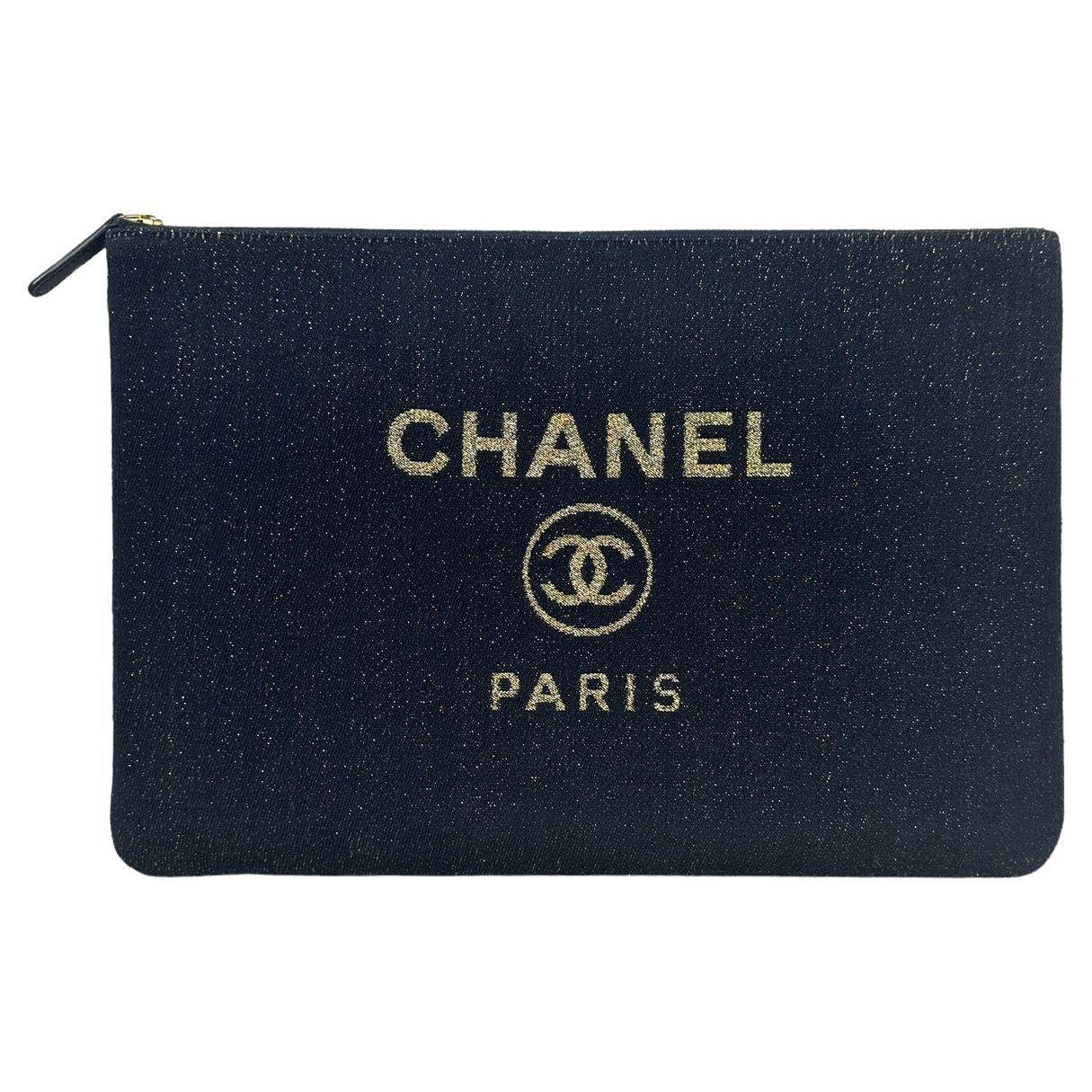 Chanel Navy/Gold Glitter Large Deauville Pouch Bag For Sale