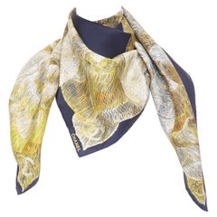 CHANEL navy gold graphic cc camellia logo print silk twill square scarf