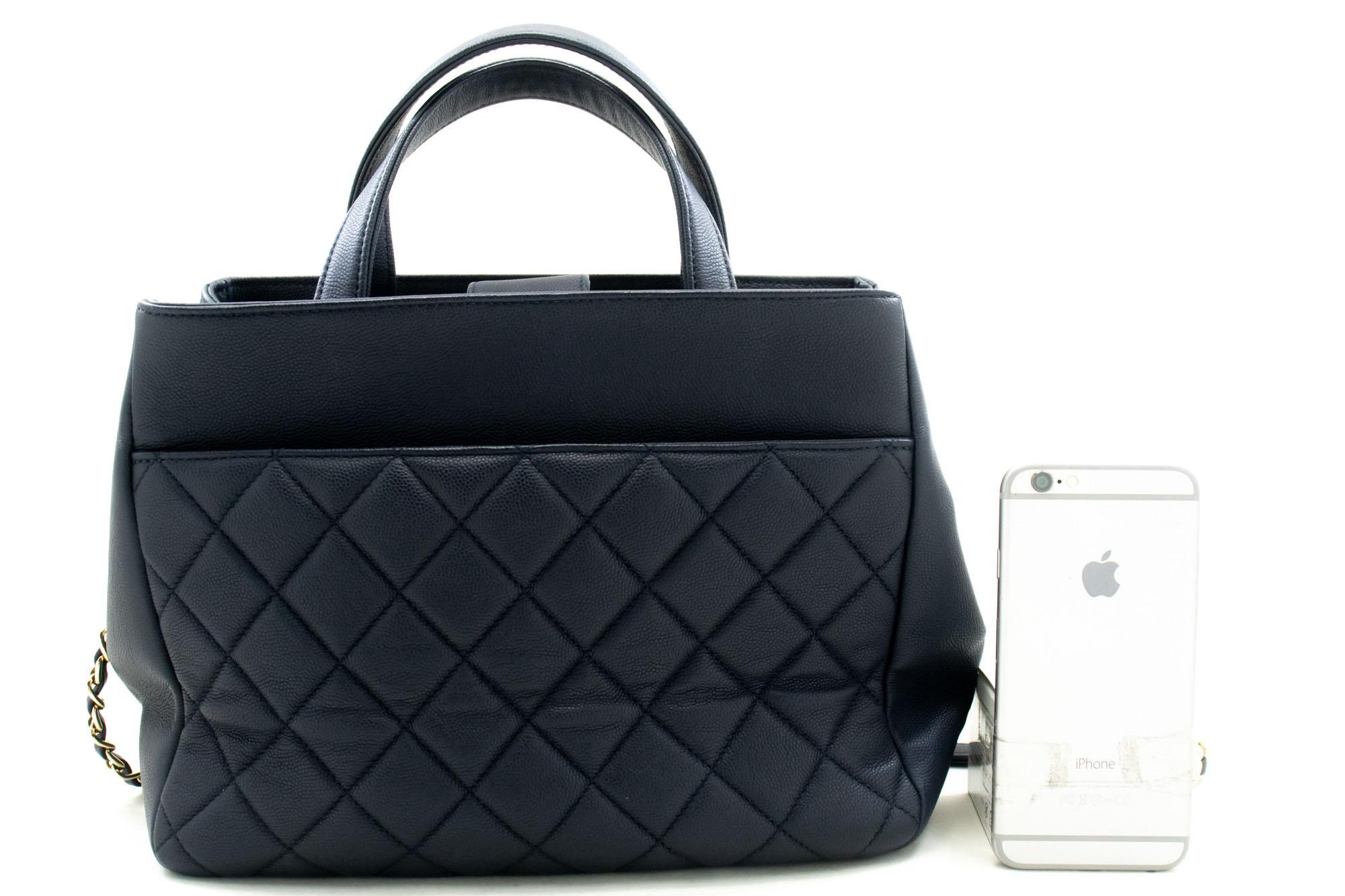 Black CHANEL Navy Grained Calfskin Leather Shoulder Bag Handbag Quilted For Sale