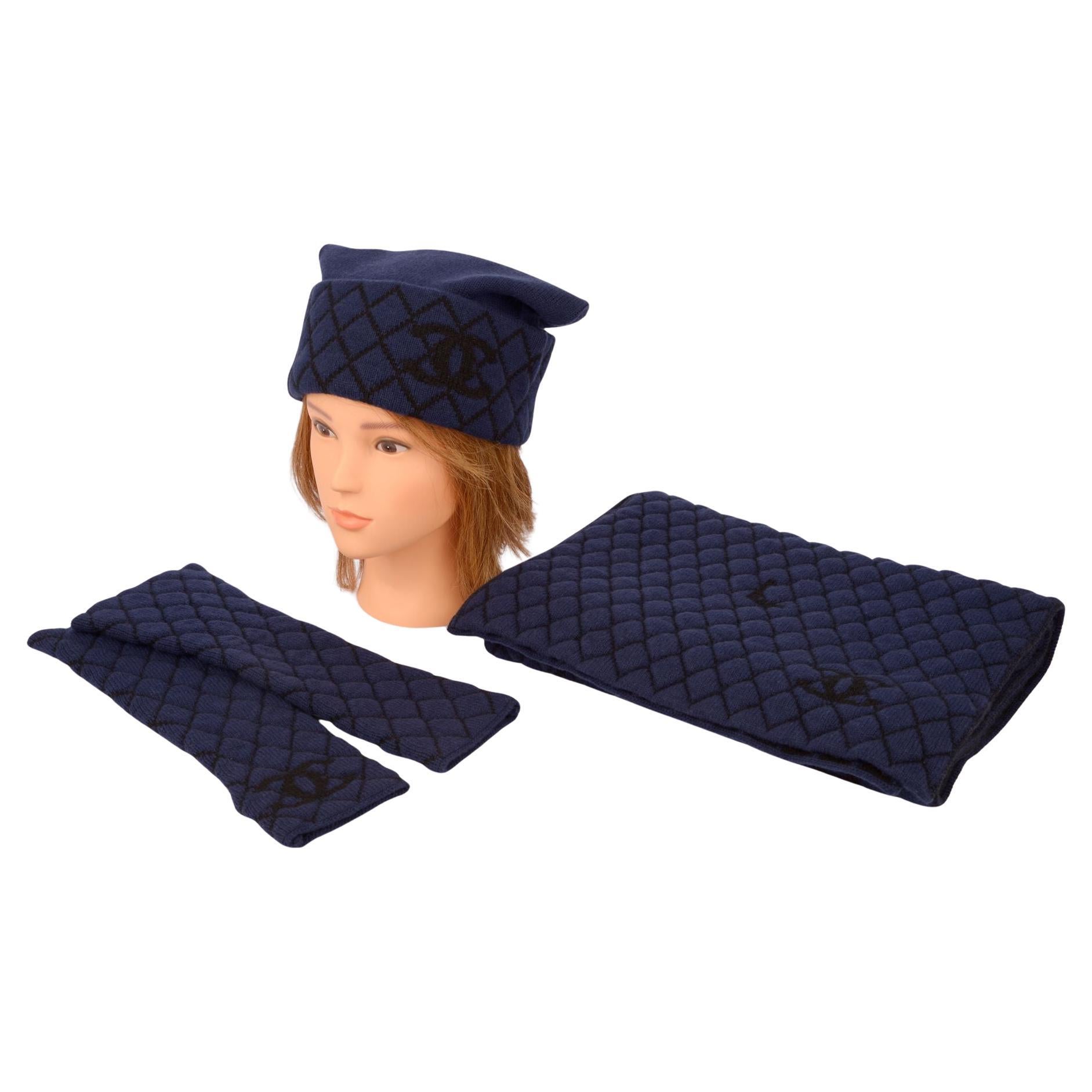 Chanel Navy Hat Gloves Scarf Knit Set