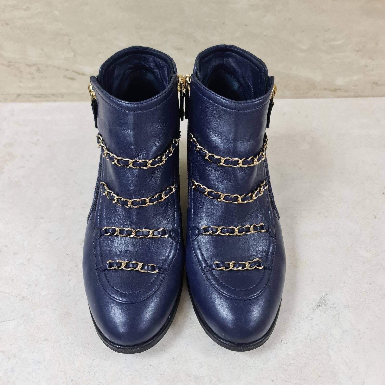 Chanel Navy Iridescent Leather Chain Ankle Boots 2