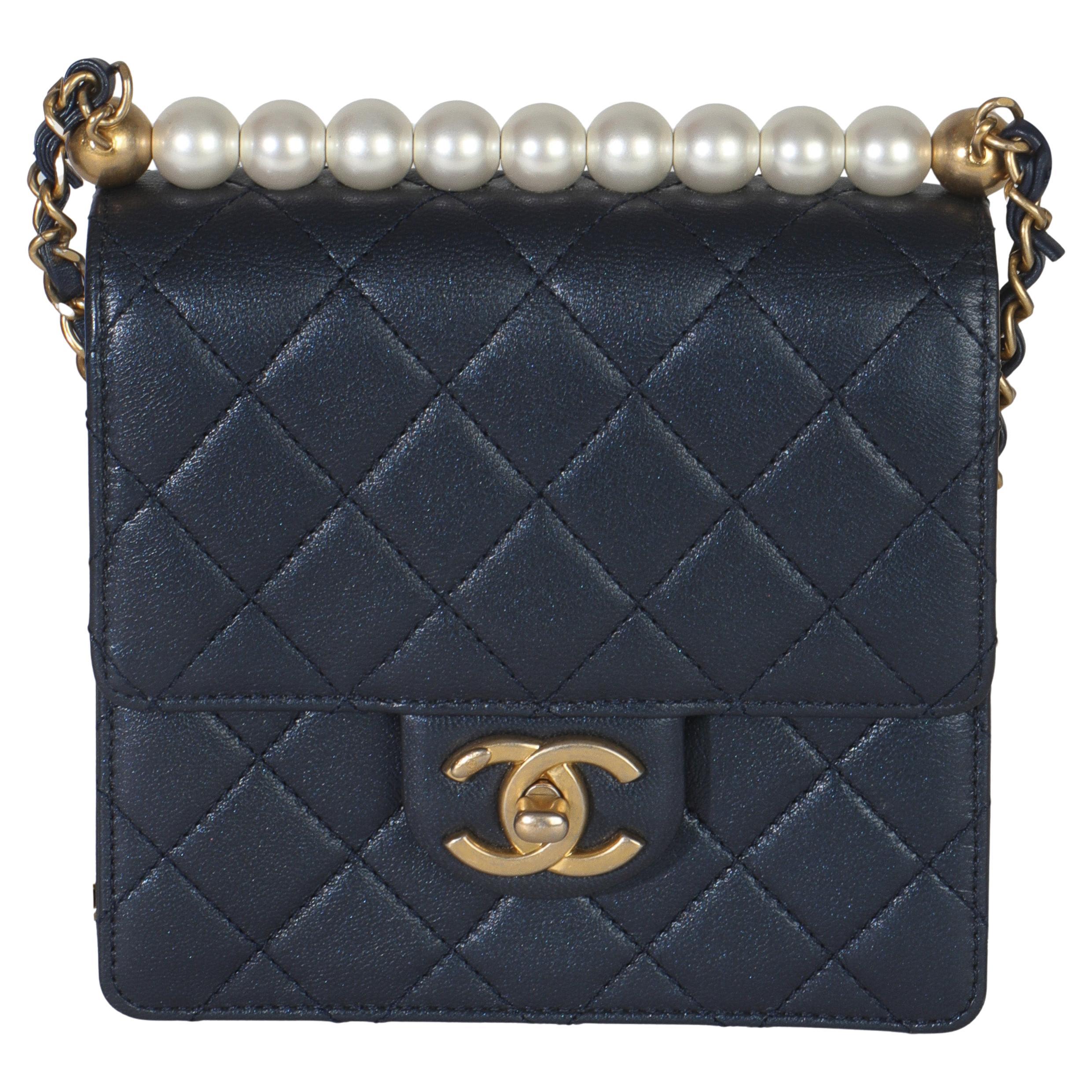 Chanel Navy Iridescent Quilted Goatskin Vertical Chic Pearls Flap Bag