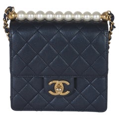 Chanel Navy Iridescent Quilted Goatskin Vertical Chic Pearls Flap Bag
