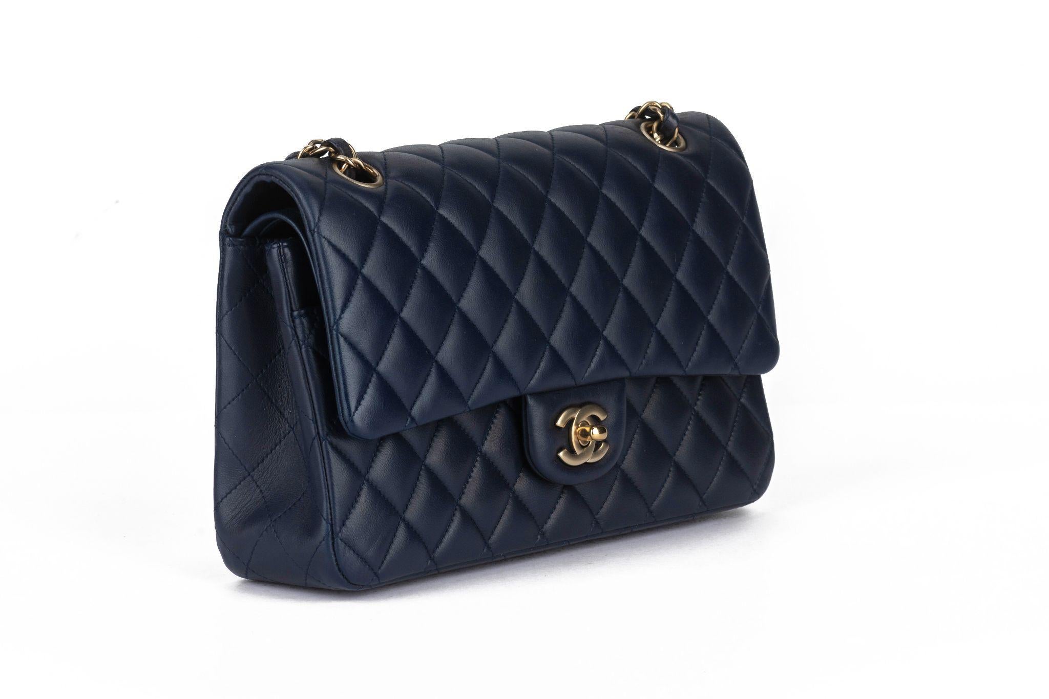 Black Chanel Navy Lambskin Double Flap Bag For Sale