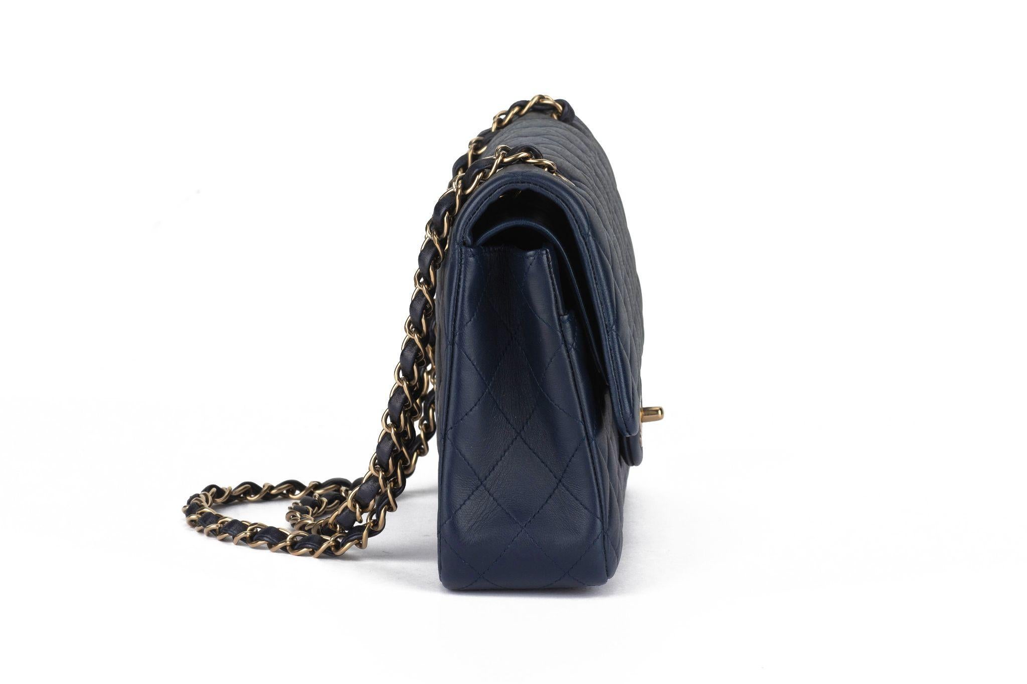 Women's Chanel Navy Lambskin Double Flap Bag For Sale