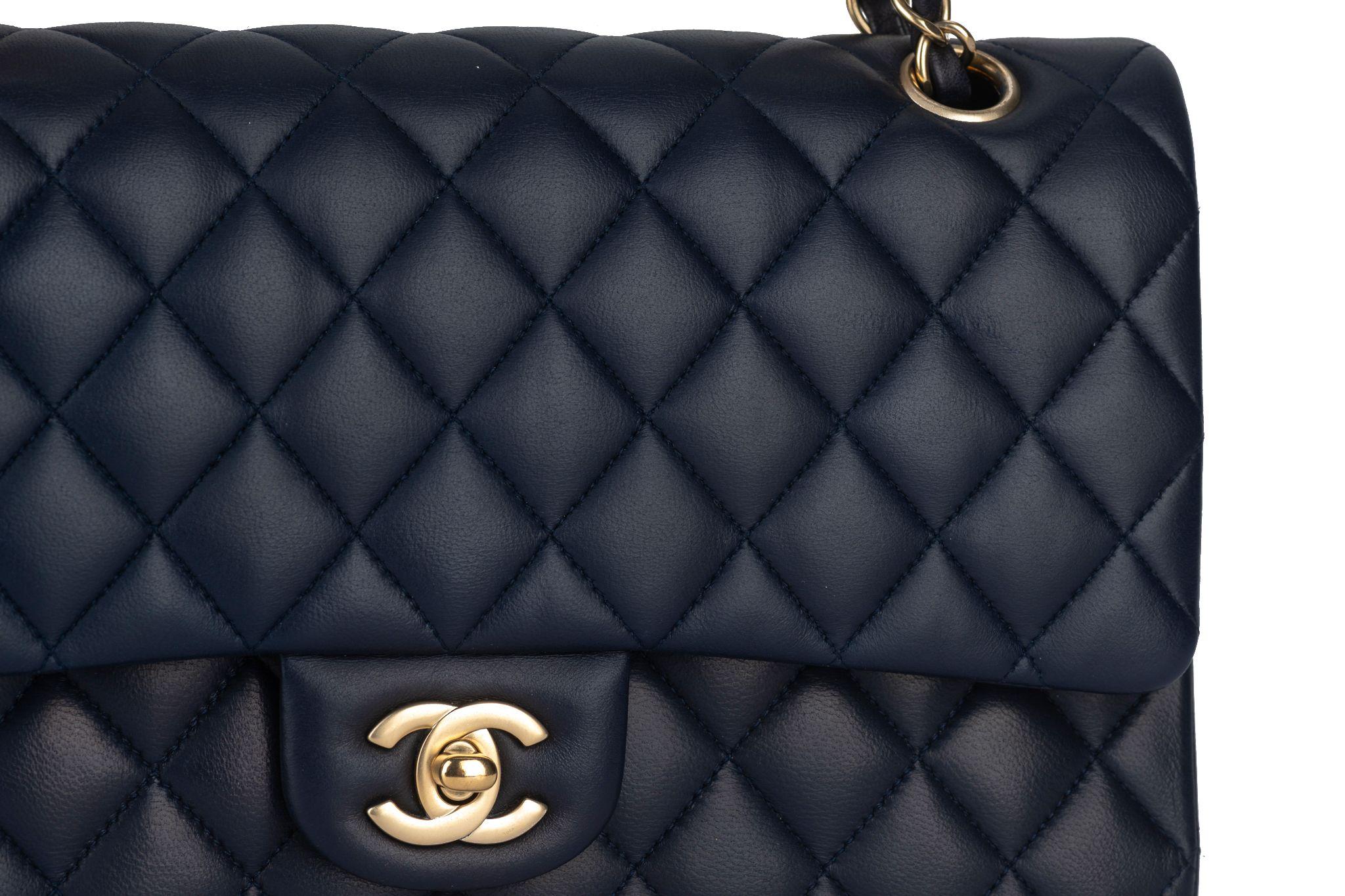 Chanel Navy Lambskin Double Flap Bag For Sale 4