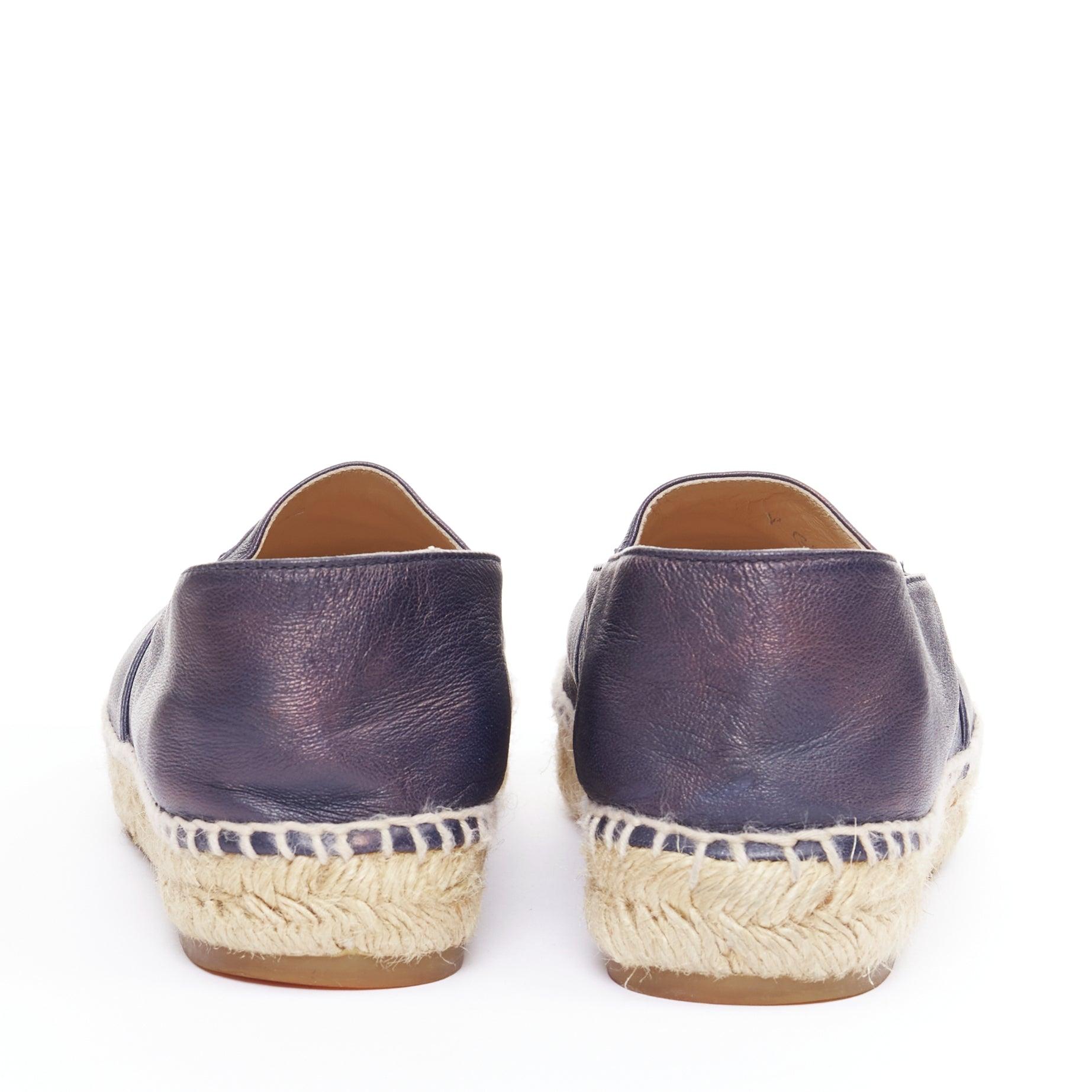 Women's CHANEL navy lambskin leather CC logo applique jute espadrille shoes EU37 For Sale