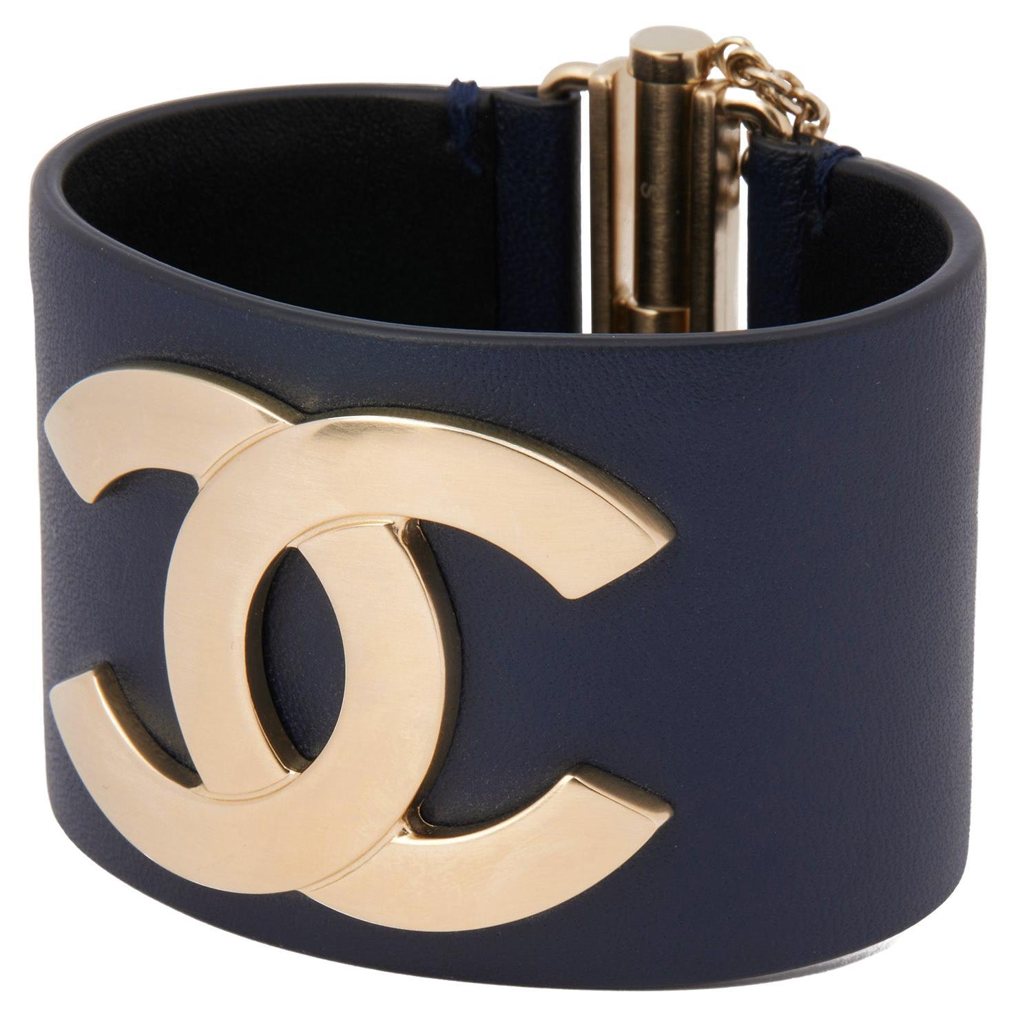 Chanel Navy Lambskin Leather Gold CC Bracelet