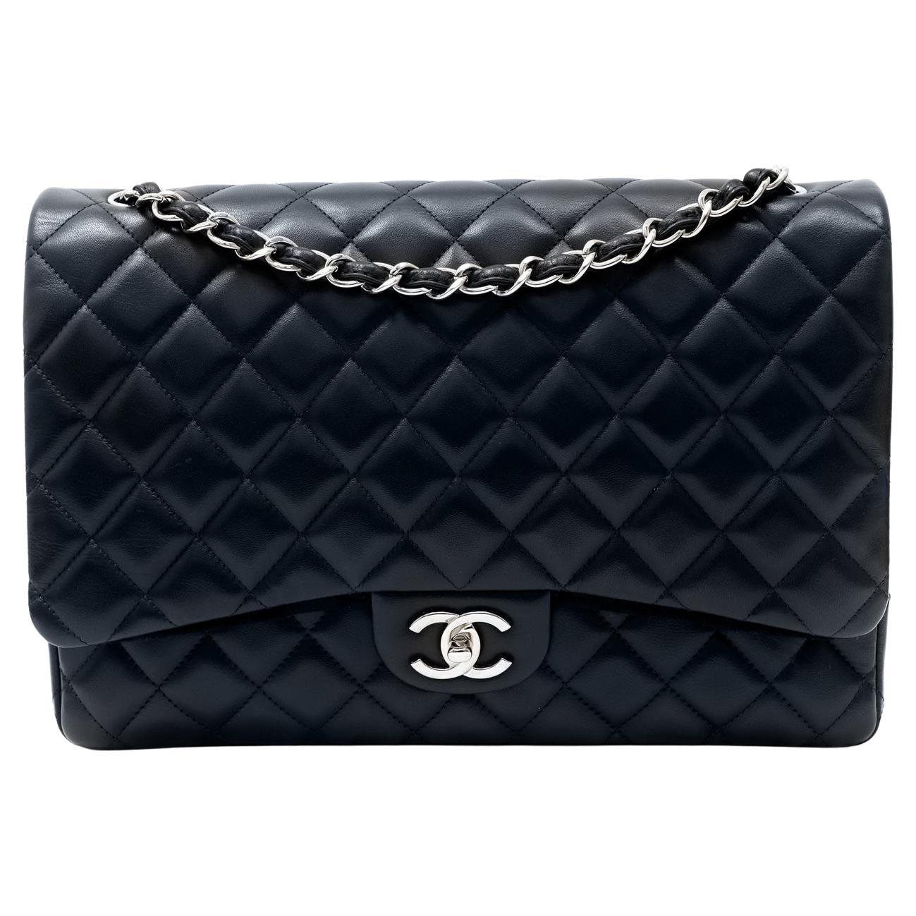 Chanel Navy Lambskin Maxi Double Flap Bag 