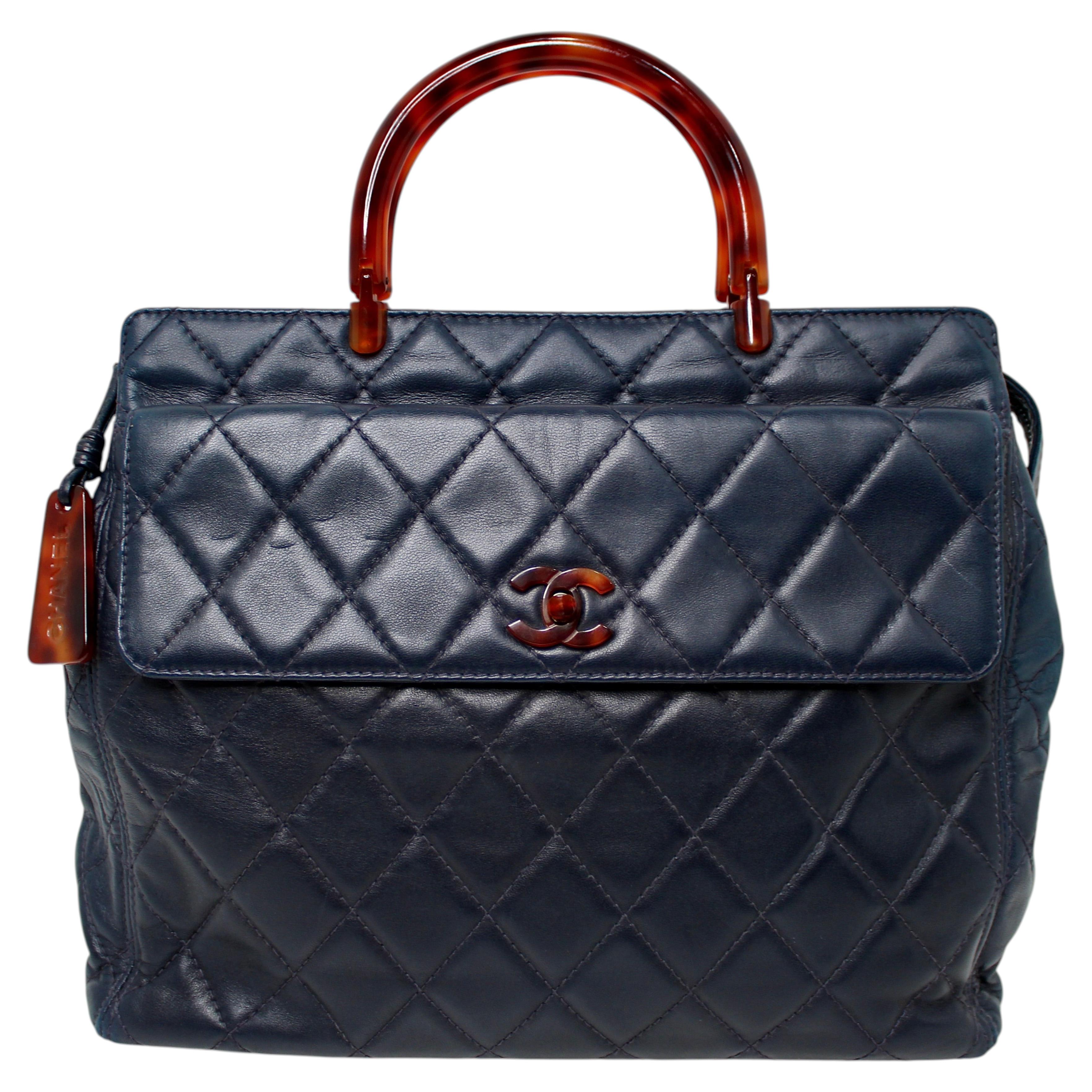 Chanel Navy Lambskin Quilted Leather Tortoise Top Handle Bag circa 1996