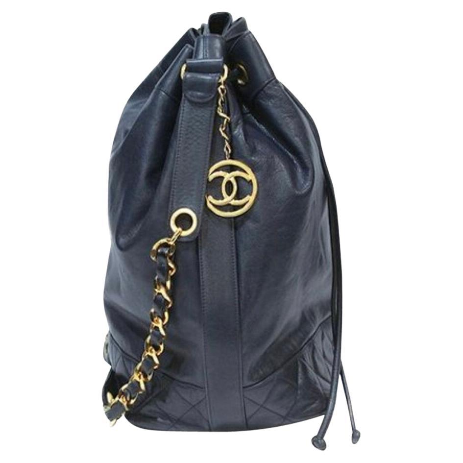 Chanel navy leather bag circa 1990 For Sale