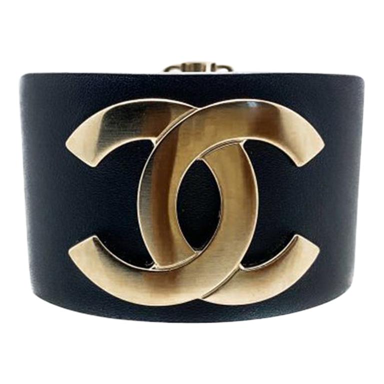 Chanel Navy Leather Brushed Gold Logo Cuff Bracelet 2017 For Sale at 1stDibs