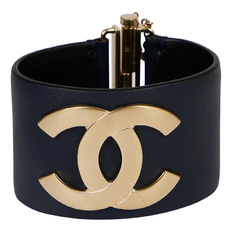 Chanel Navy Leather CC Cuff Bracelet For Sale at 1stDibs | chanel bracelet  cuff