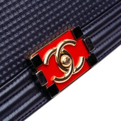 Chanel Navy Medium Lambskin Embossed Cube Boy Flap