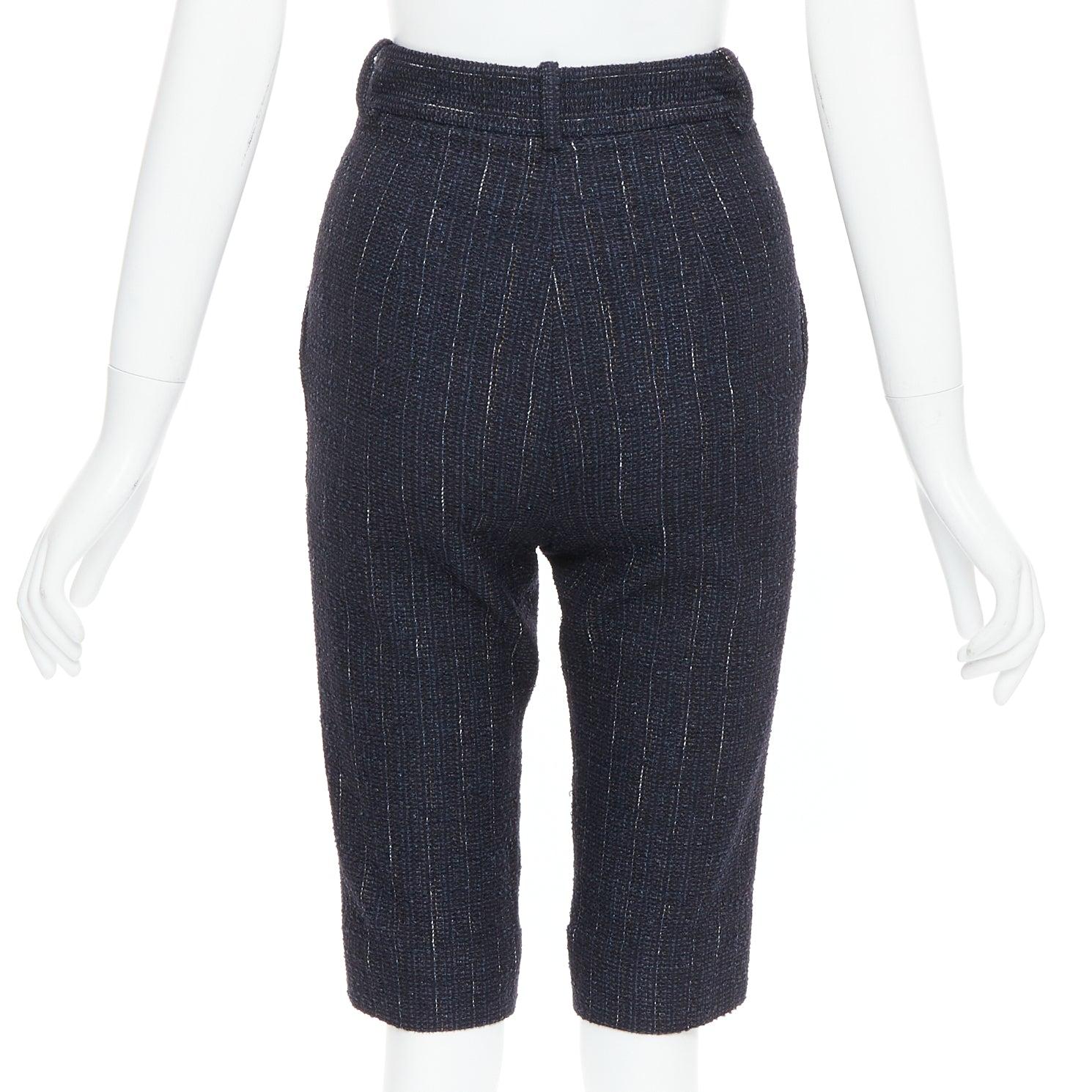 Women's CHANEL navy metallic tweed CC button knee capri pants FR34 XS For Sale