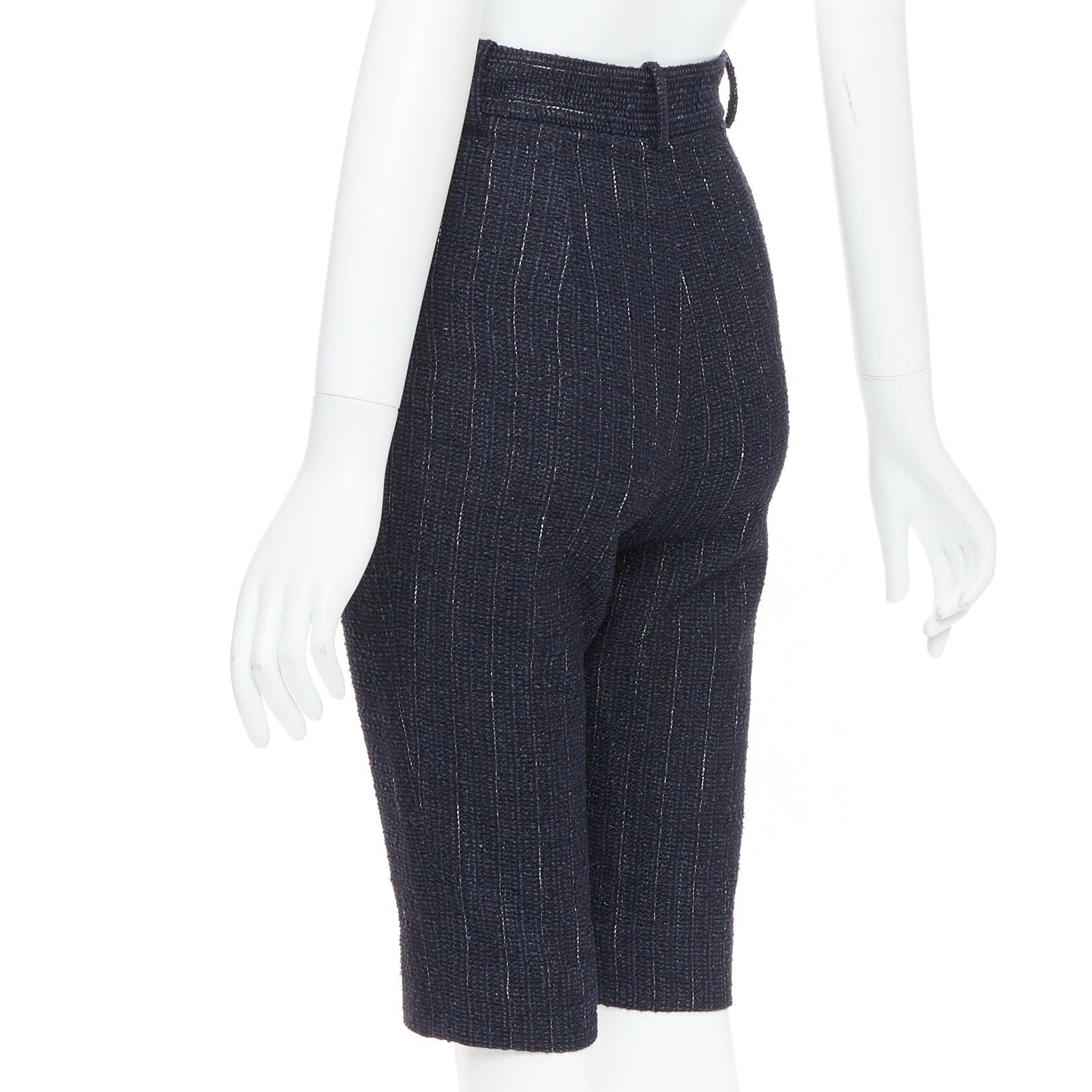 CHANEL navy metallic tweed CC button knee capri pants FR34 XS For Sale 1
