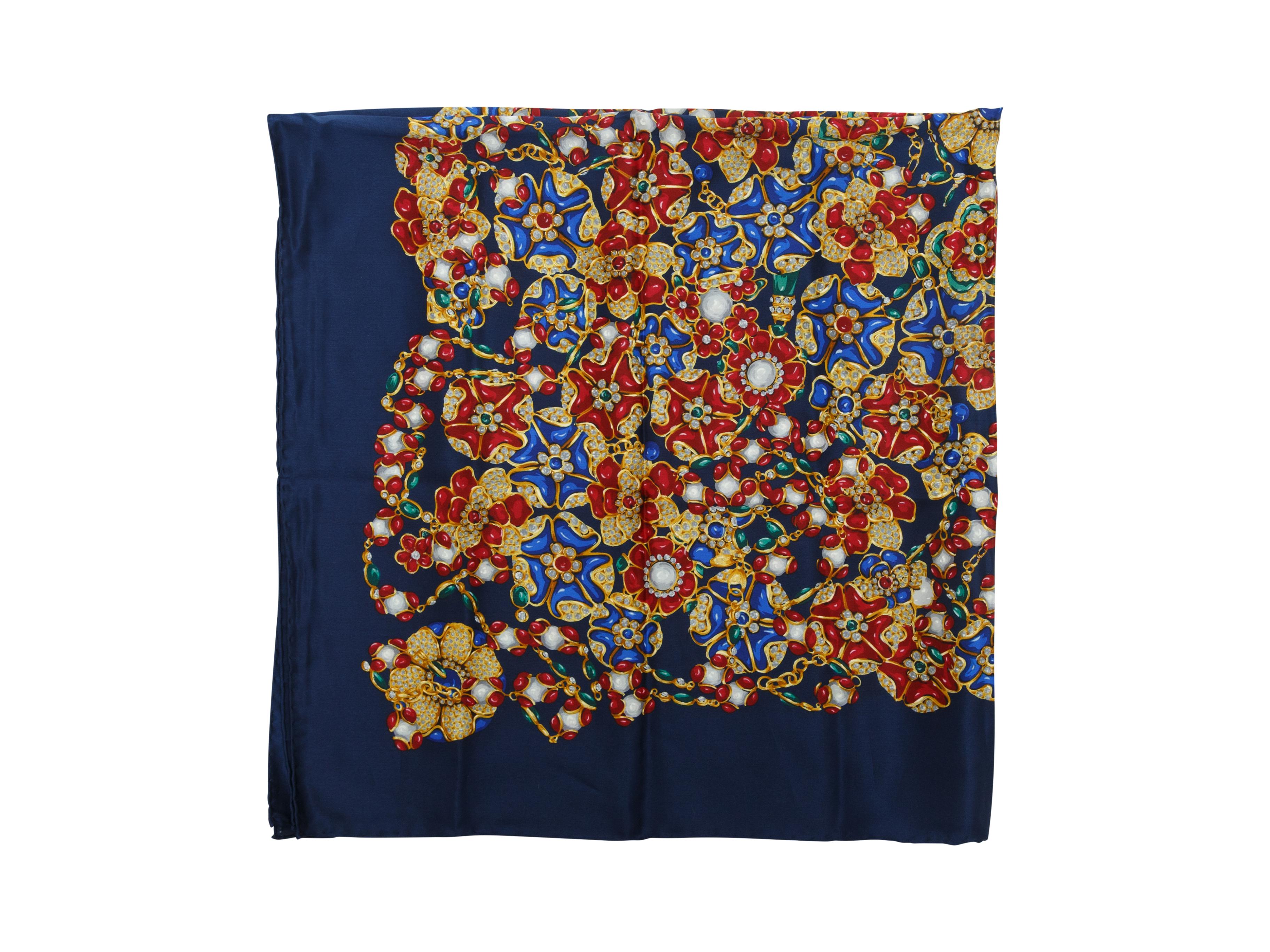 Product details: Navy and multicolor silk scarf by Chanel. Jewelry print throughout. 34