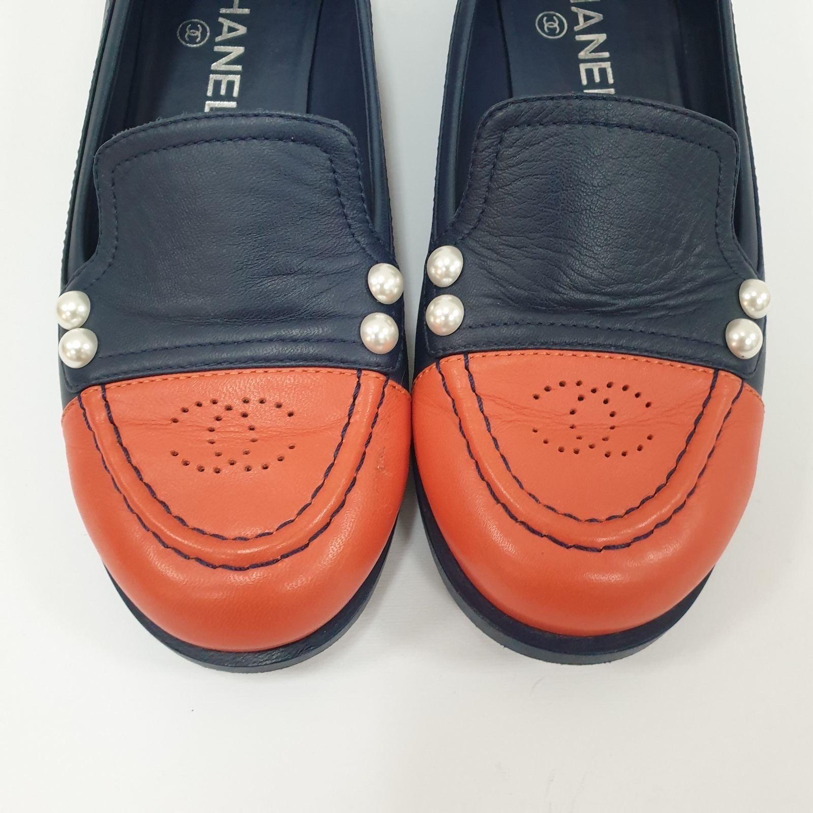 Chanel Navy Orange Leather Loafers 1