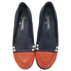 Chanel Navy Orange Leather Loafers
