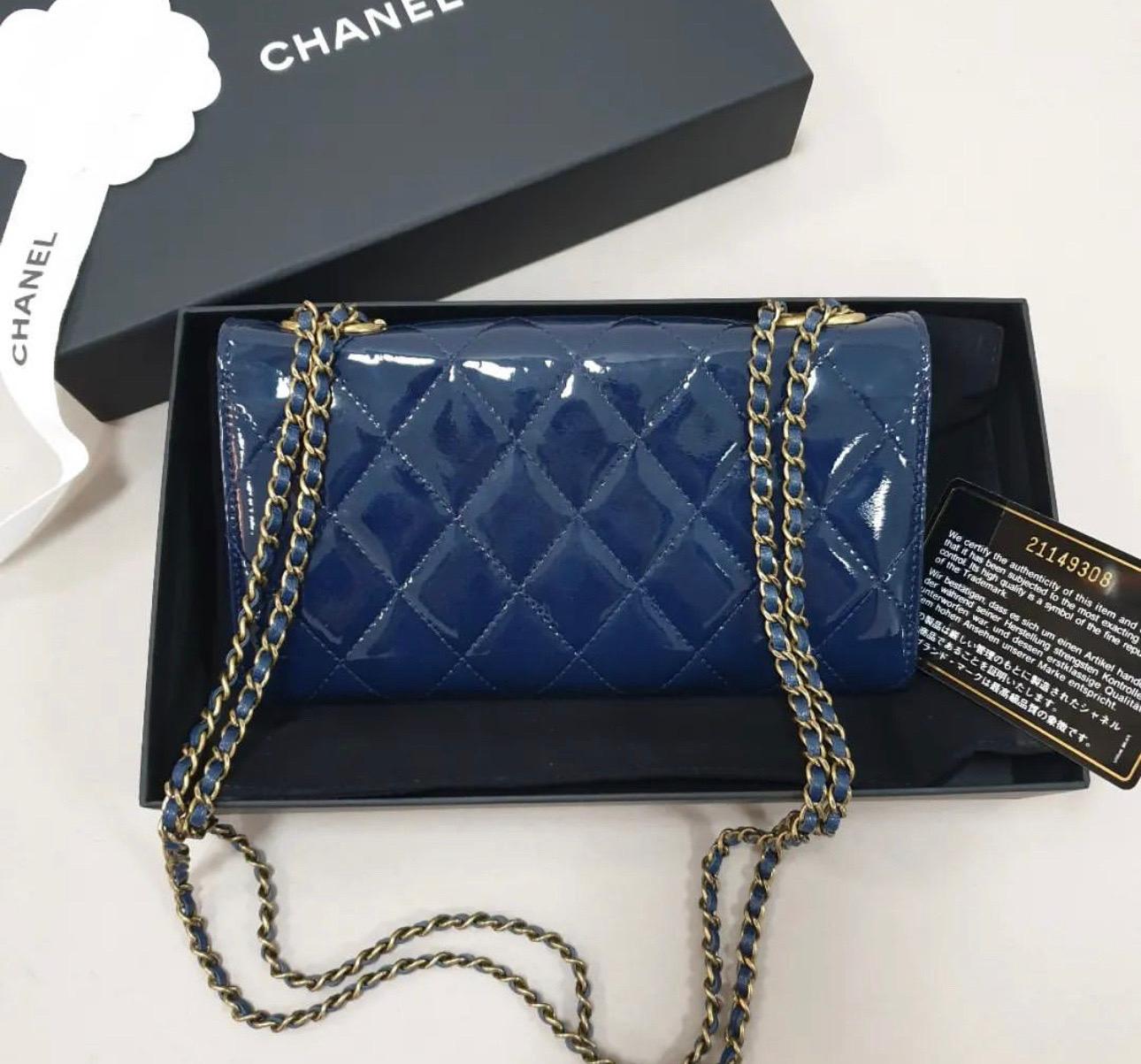Purple Chanel Navy Patent Eyelet Wallet On Chain 