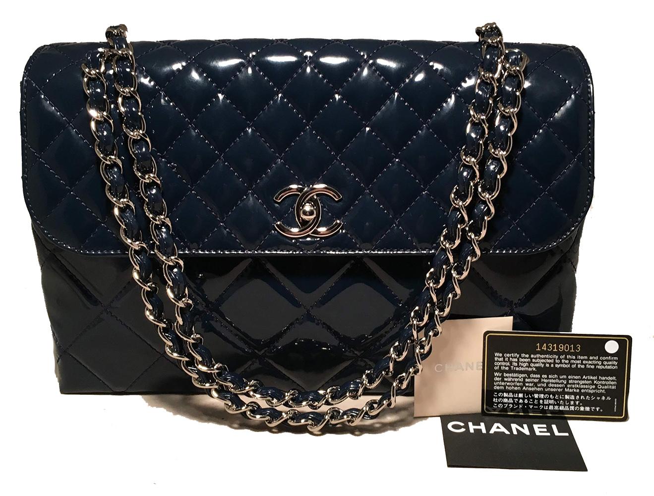 Chanel Marine Navy Patent Leather Jumbo Classic Flap Shoulder Bag 6