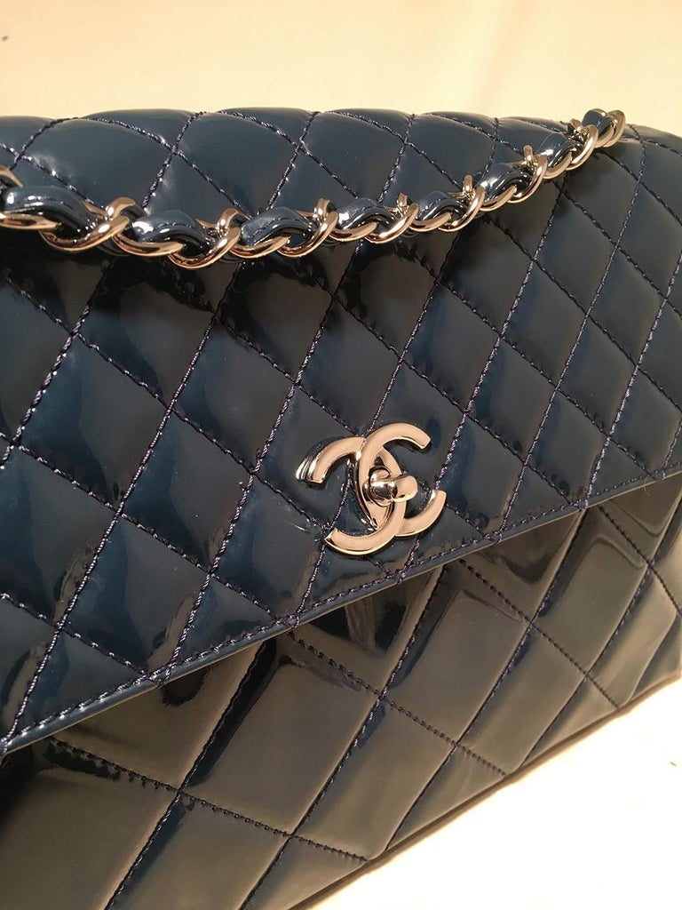 Chanel Navy Patent Leather Jumbo Classic Flap Shoulder Bag For Sale at ...