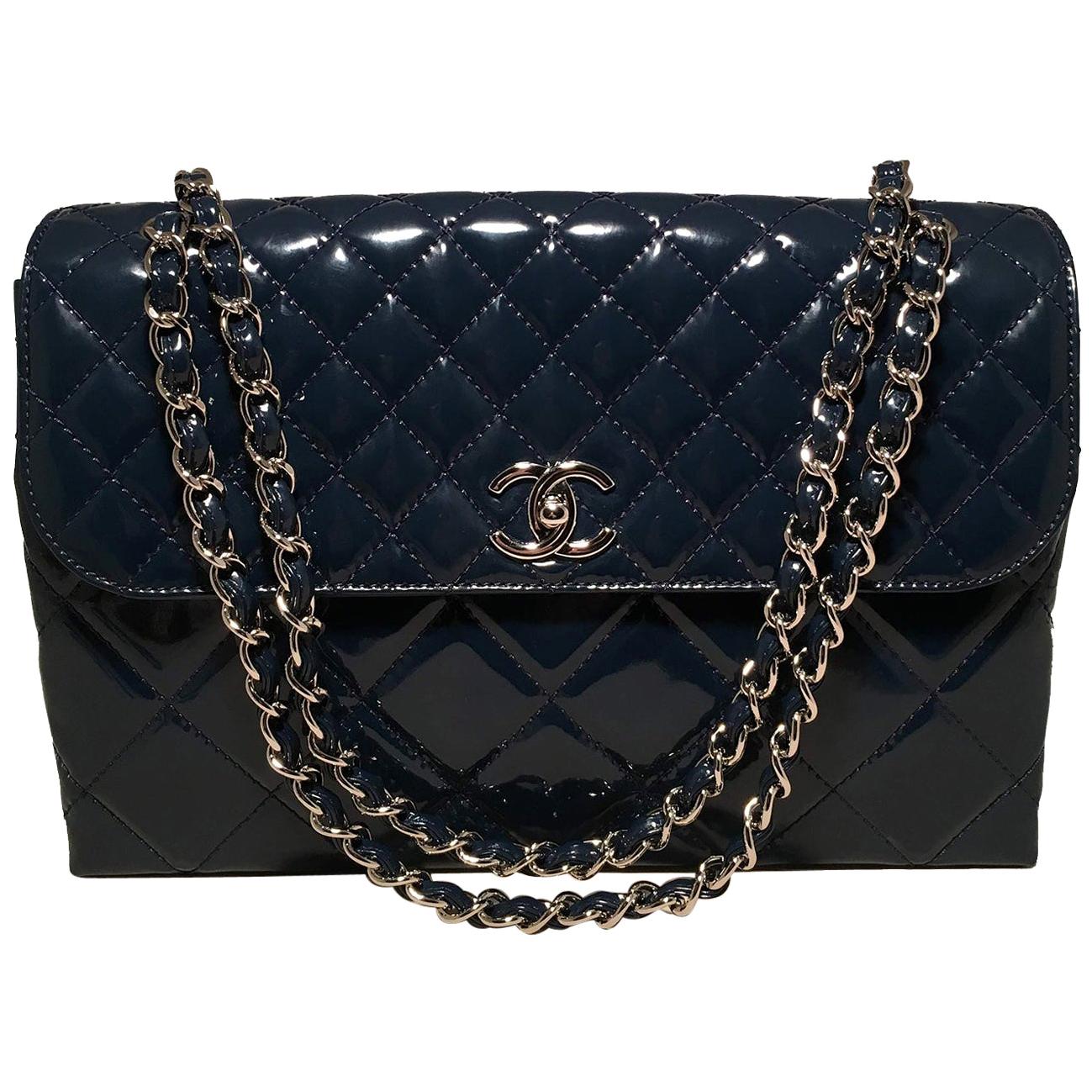 Chanel Marine Navy Patent Leather Jumbo Classic Flap Shoulder Bag