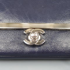 Chanel Navy Patent Leather Smoke Silver Woven Chain Mini Crossbody Handbag