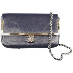 Chanel Navy Patent Leather Smoke Silver Woven Chain Mini Crossbody Handbag