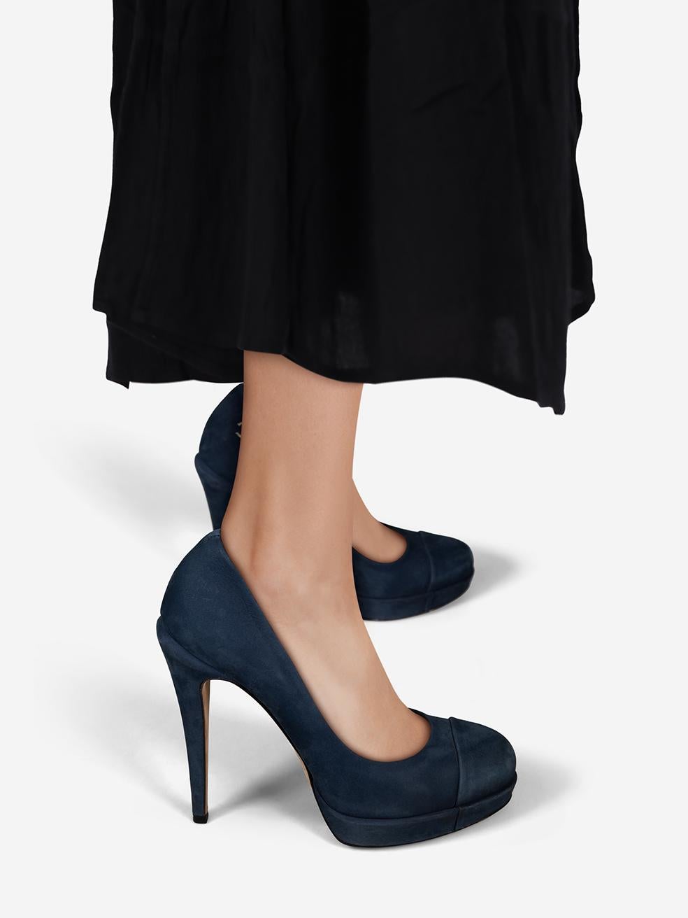 CONDITION is Good. General wear to shoes is evident. Moderate signs of wear with abrasions to the suede on the back ankle, heel, toe tips, both sides and heel stems on both shoes. The internal logo stamp is fading on insoles. This item comes with