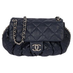 Chanel Navy Quilted Calfskin Leather Large Chain Around Classic Single Flap Bag