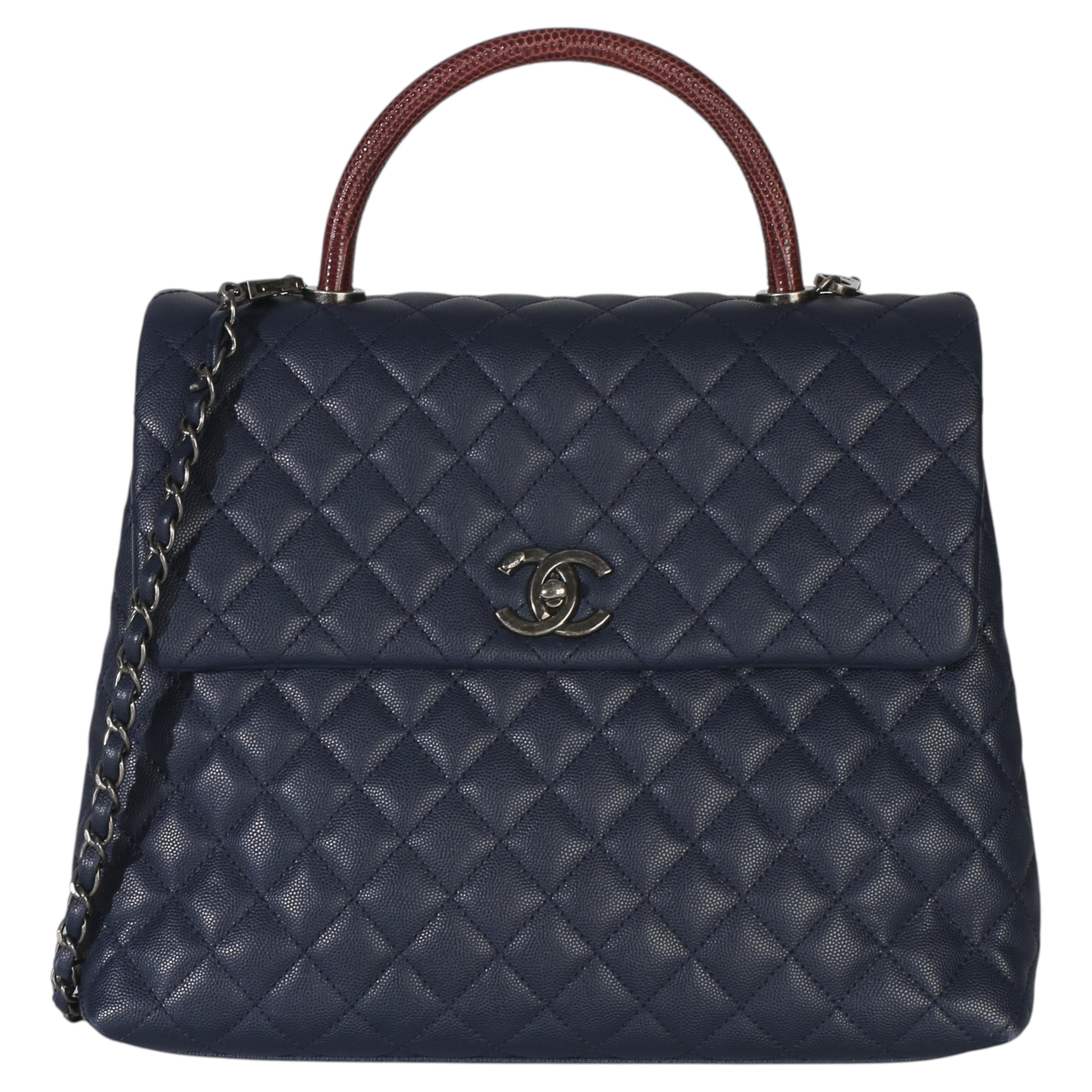 Chanel Navy Quilted Caviar Lizard Large Coco Top Handle Bag For Sale