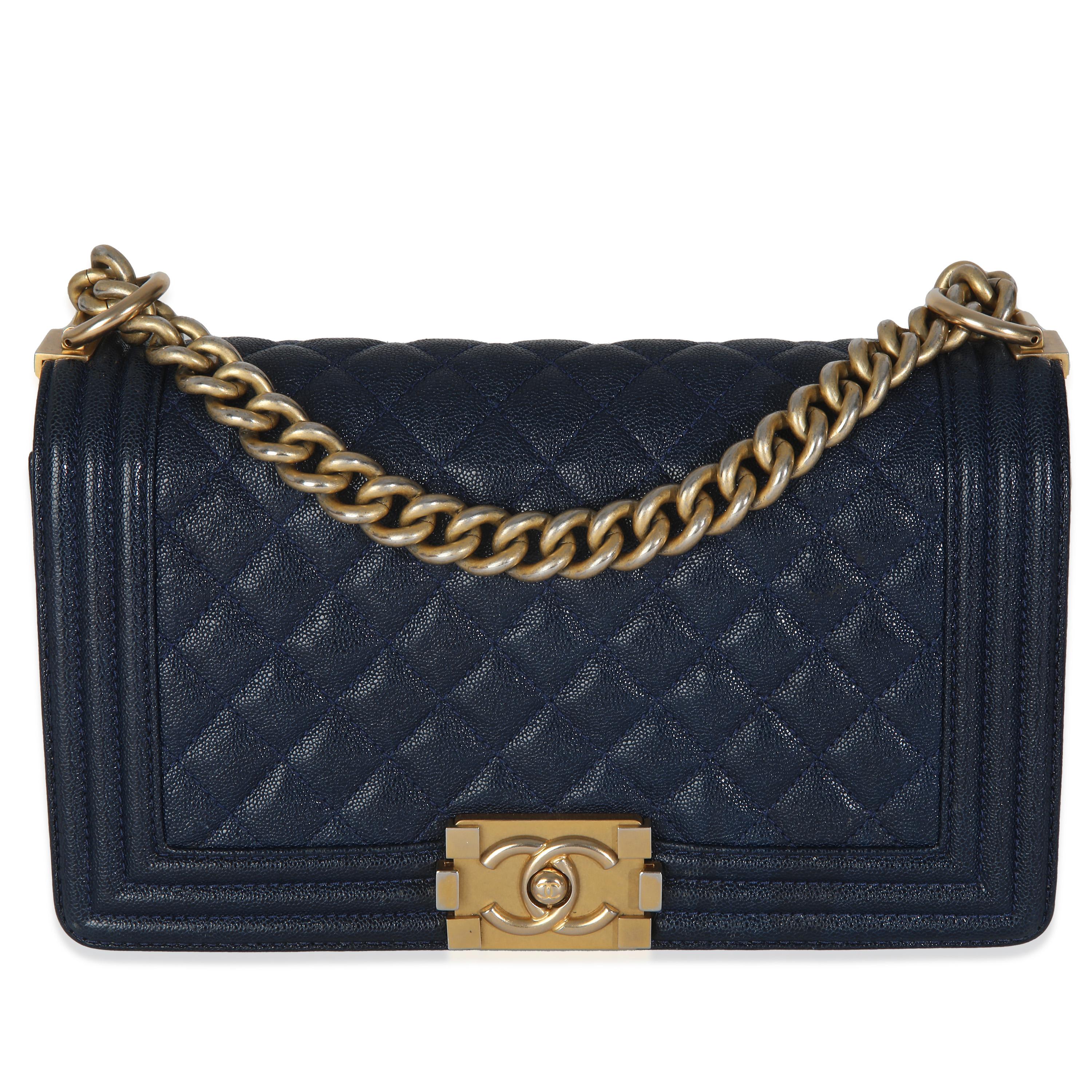 Chanel Navy Quilted Caviar Medium Boy Bag For Sale